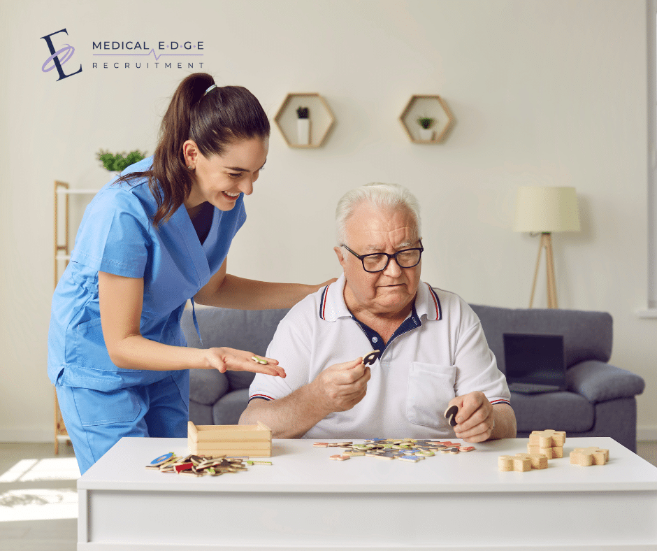 Nurse helping elderly patient with rehabilitation exercises